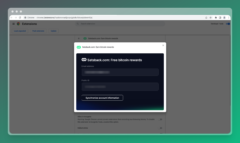 Chrome Satsback extension to synchronize account information