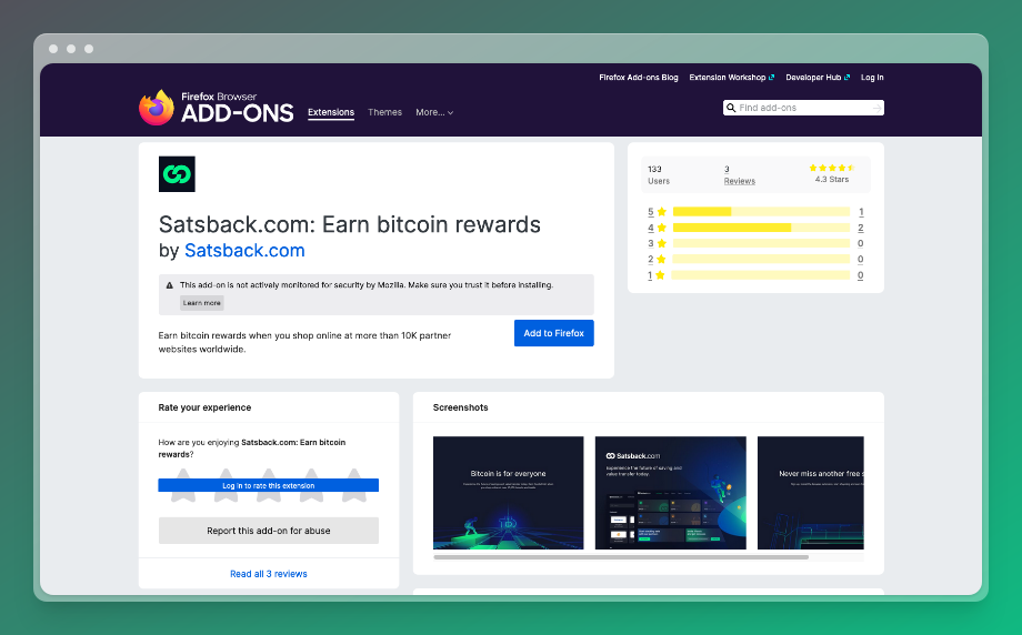 Firefox marketplace Satsback extension