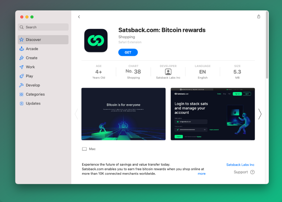 Satsback extension in the Mac App Store