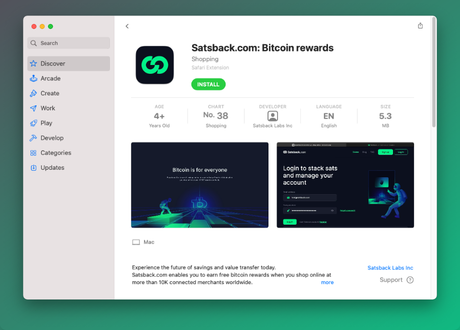 Satsback extension in the Mac App Store